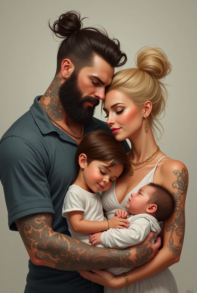 The scene is a marriage proposal between a gay couple. a strong man, blacksad, bald man with a white skinned baby on his lap. Your boyfriend is kneeling in front of you making a romantic marriage proposal, he is a strong and handsome redhead, with tattoos on the body. The open ring box should be very obvious and inside the box there should be a beautiful jewel in the shape of a spiral.