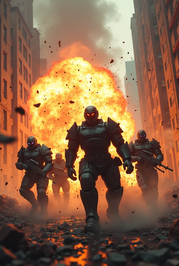 soldiers in gas masks run through a city street with smoke coming from them, still frame from prometheus, official artwork, kaiju starfish, schutztruppe, black mecha, red heavy armor, movie still of a snarling, pelzebug, film render, black sokkel, golem --auto --s2