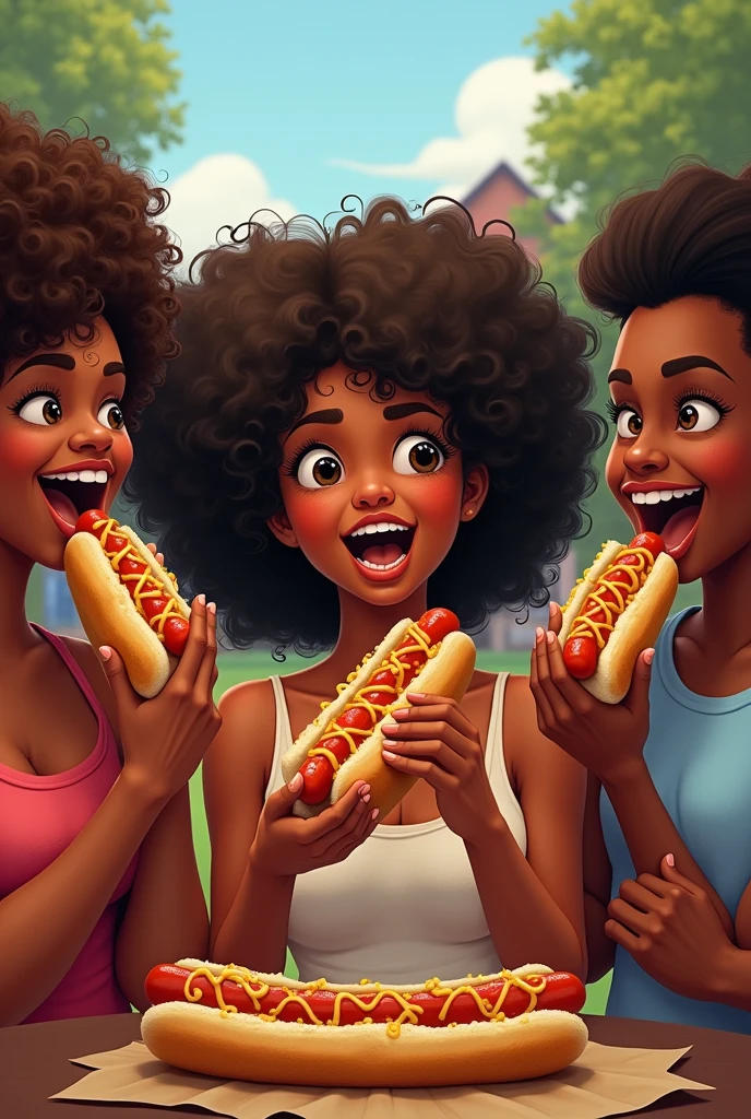 1970s photo of 3 beautiful african-american women wearing sexy 1970s attire eating sausage at a backyard bbq, atmospheric perspective, textured skin, cinematic action, super detail,