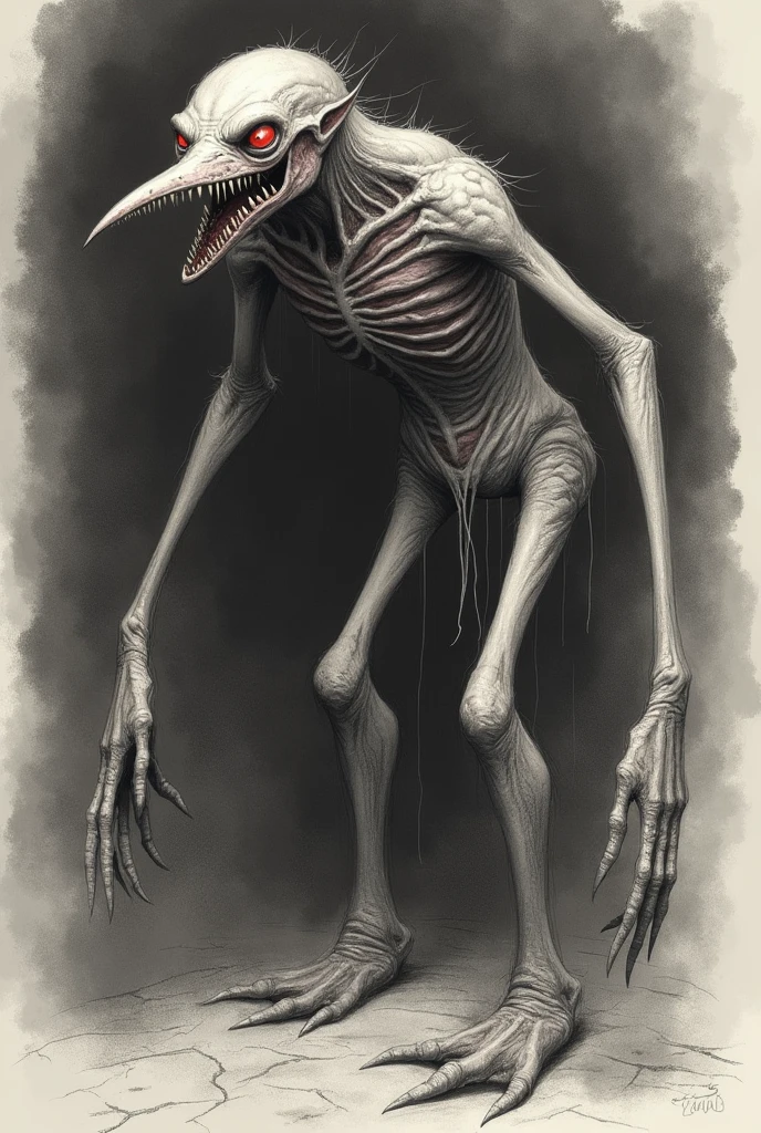 Creepy and scary creature designs、He has a fat, weird body.、Hands and feet with sharp claws、There are eyes on the face、Blood is dripping from his mouth、Darken overall、Has a frightening appearance、It appears in horror and suspense stories.、Symbolizing the fear of the unknown、A rotten, deformed mass is tangled at his feet.、Looks like an ostrich、Whole body white