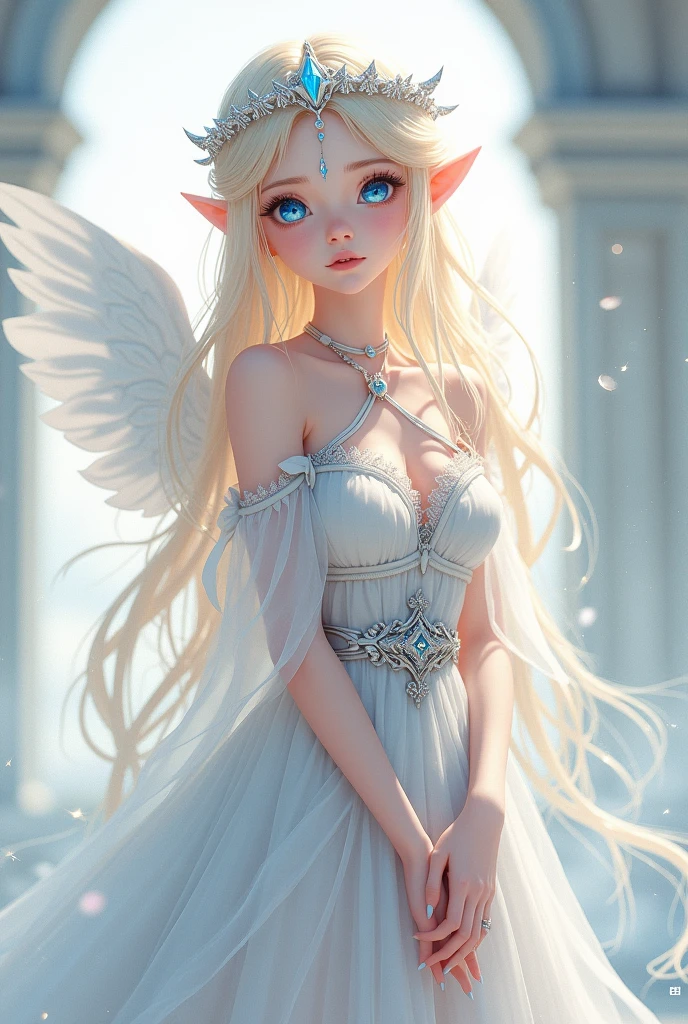 Elf, One girl,18 Years,Full body, Laughing, glowing bright blonde long hair, white magical wings, Neon, areola, Divine, masterpiece