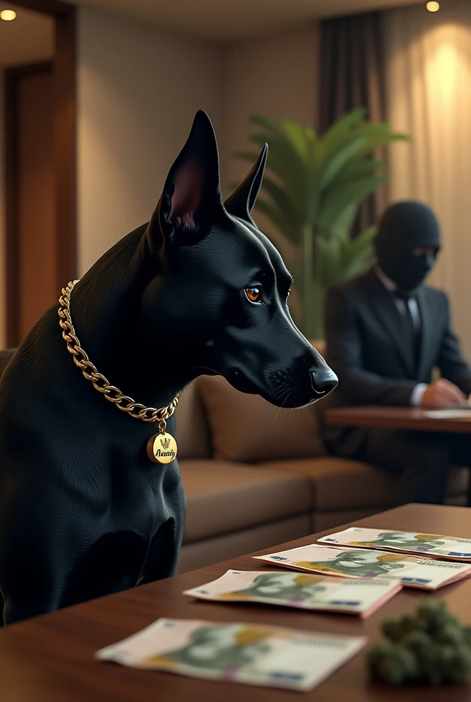 10k, ultraHD, realistic, 28 year old pimp, brunette pouring black time, standing with black Pit Bull on the side