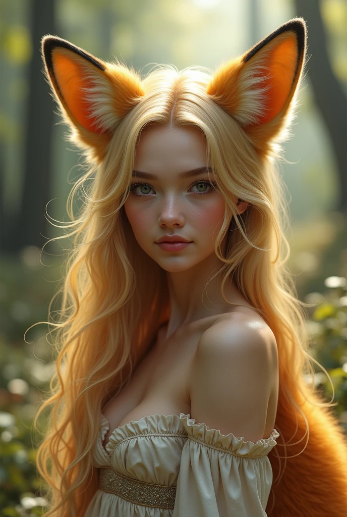 Masterpiece, Best Quality,incredibly beautiful fox woman, witchy, The Beautiful Witch, Highly detailed, Realistic eyes, Happy, Photorealistic, hight resolution,Ultra-detailed, beautiful detail eyes,beautiful detailed lips,Long flowing hair, Soft and warm color palette,Fairytale atmosphere,Subtle radiance, illuminating her facial features,Shimmering gold accents, fascinating, NSFW, Nudie, Nude