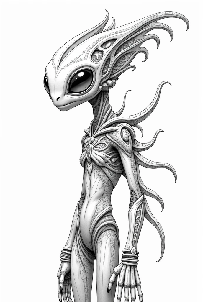 An alien with 4 spindly legs, a single talon on each leg, brown leathery skin, hairless, boomerang shaped head with horns protruding out the sides, pointy lips, 5 alien eyes (symmetrical), wearing a dress made for a patchwork of cloth, tribal aesthetic