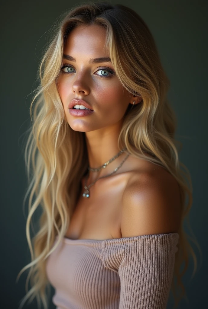 1 girl in, 20 year, standing alone, long hair, Colossal , looking ahead at viewer, hair blonde, hair blonde, bare shoulders, greeneyes, jewelery, all-body, a necklace, off the shoulders, Sweaters, realisitic, A sexy, big boobies