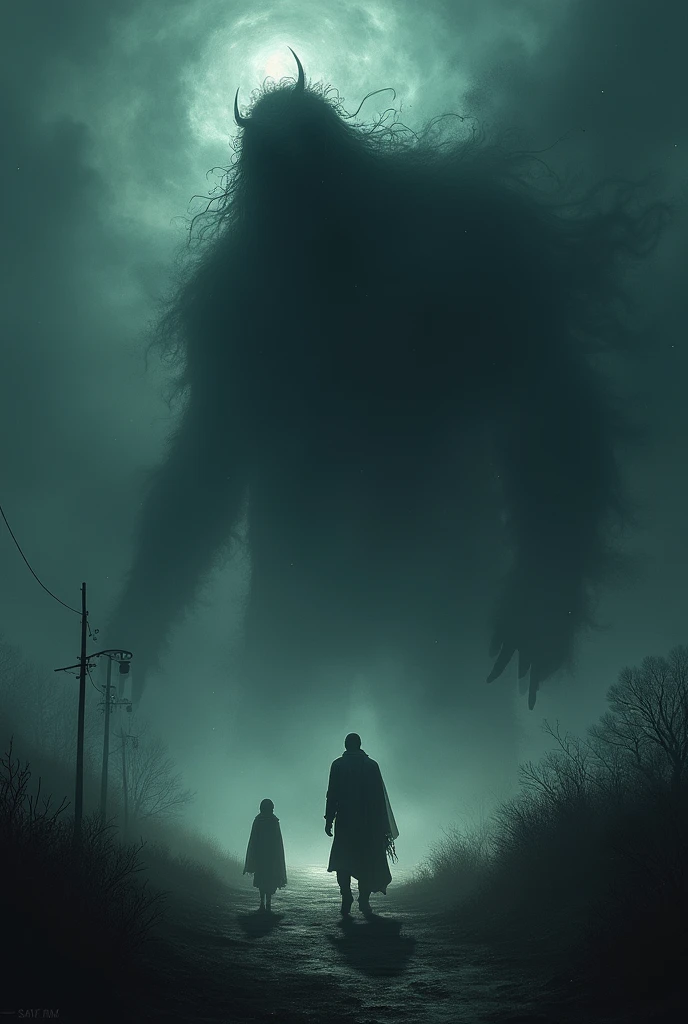 a dark evil shadow attacking an old man walking his wife to her car, nightmare