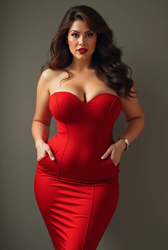 A glamorous woman, dressed in a red satin dress that accentuates her curvaceous figure, proudly displays her big breasts as she poses confidently, her cleavage enhancing her allure. The camera captures her from a low angle, creating a cinematic shot that highlights her seductive charm. The image is bathed in soft, warm light, casting gentle shadows that add depth and texture to her voluptuous body. The details of her dress and the intricacies of her jewelry are captured in hyper-realistic detail, making for a mesmerizing and captivating portrait. (Breast enhancement: 1.1, Cleavage: 1.2,