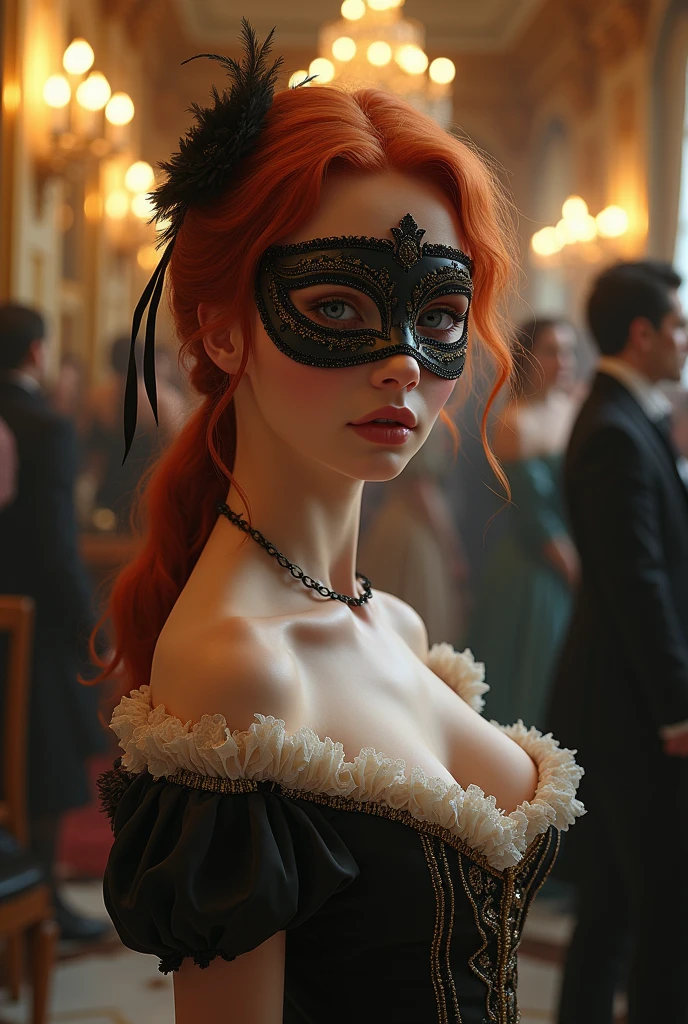 a young woman, beautiful and powerful, enviable features, Thick lips background, bright emerald green eyes, reddish hair with bangs collected high and polished, with an elegant bow with loose waves. A dark comb to maintain the harmony of the look. She wears a deep navy blue dress. Slim and long cut, stylizing the figure in an elegant way. Crossed halter neckline, that provides a modern and refined touch. Transparent tulle panel with floral embroidery on the waist, generating a sensual but subtle contrast. Detail de choker negro, that accentuates the neck. A black lace mask with dark blue details. Discreet rhinestones, maintaining the balance between the mysterious and the glamorous, covering only the eyes and accentuating the look.Long black mesh gloves, adding a touch of drama and elegance. It is in a luxurious and elegant ballroom of a palace. masked ball. it's night. perspective, slightly in profile, her look is mesmerizing. POWERFUL ASPECT. real oil painting. high resolution jockstrap, masterpiece, Anatomically correct, Precise, Detail, Details altos, Very detailed, high quality, quality, Model HD. movie, Cinematography, digital art, Hyperrealism, Hyperdetailed, blurred, Shine, depth of field.