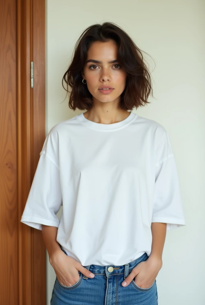 Best quality, masterpiece, ultra high res, (photorealistic:1.5), raw photo, 1 mature Ancient Egyptian girl, (((plain dark grey cropped oversized t-shirt))), wide shoulders, in the dark, deep shadow, low key, cold light, sexy look, black medium wavy hair (((black hair))), bright eyes, yin sanpaku eyes, eyeshadow, (((plain white background))), cinematic studio lighting