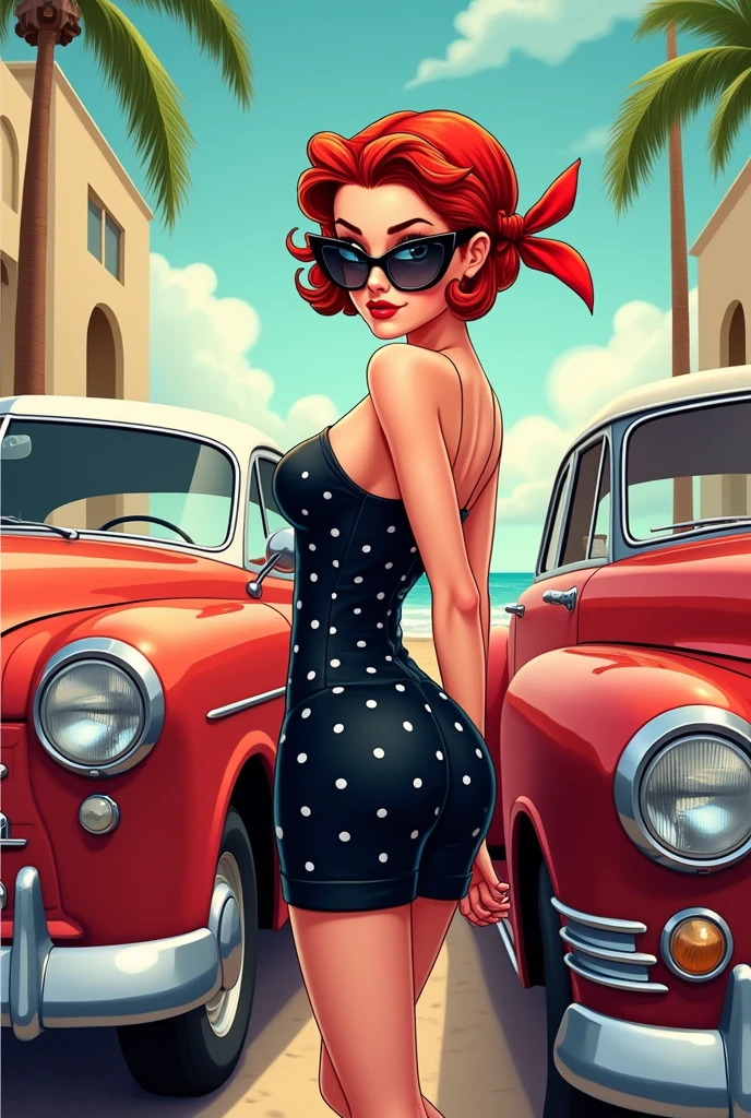 Jessica Rabbit is sad getting into a taxi. She wears a red dress and long boots, she has big tits and a big ass, street, morning