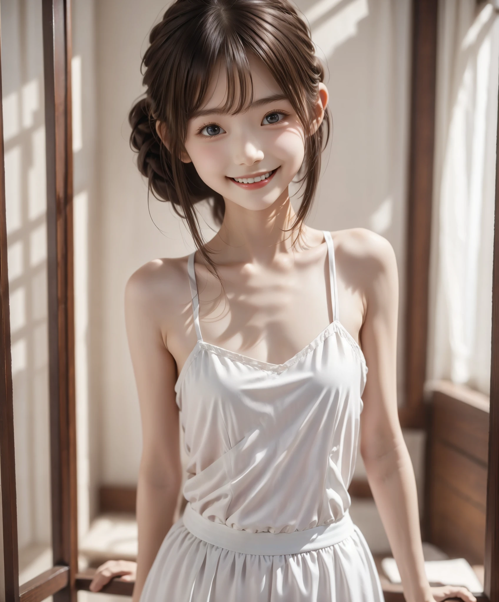 Maid,cute pretty girl,masterpiece,high definition,4k,8k,16k,chignon hair,brown hair,skinny,thin body,smile