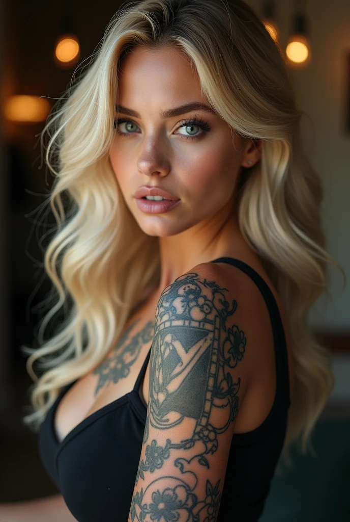 Create a hyper detailed photograph of a hrgiger tattooed muscular young sexy women, Stunningly perfect gorgeous soft feminine face, perfectly applied makeup, detailed vibrant eyes, platinum blonde dutch hair, big beautiful muscular legs, big beautiful muscular arms, big bac muscles, muscular abs, detailed smooth skin, big breast, big muscular ass, yoga clothes,