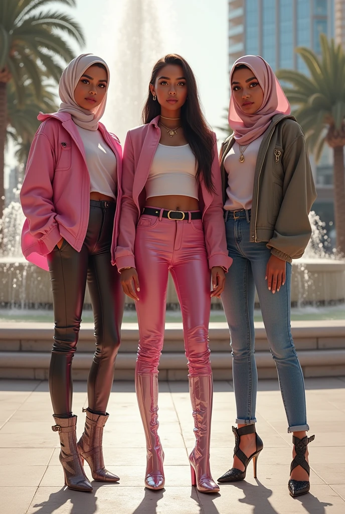 A 25-year-old girl, with a medium pink month, with Arab features, a profession as a fashion blogger, with an athletic body, and a love of fashion.