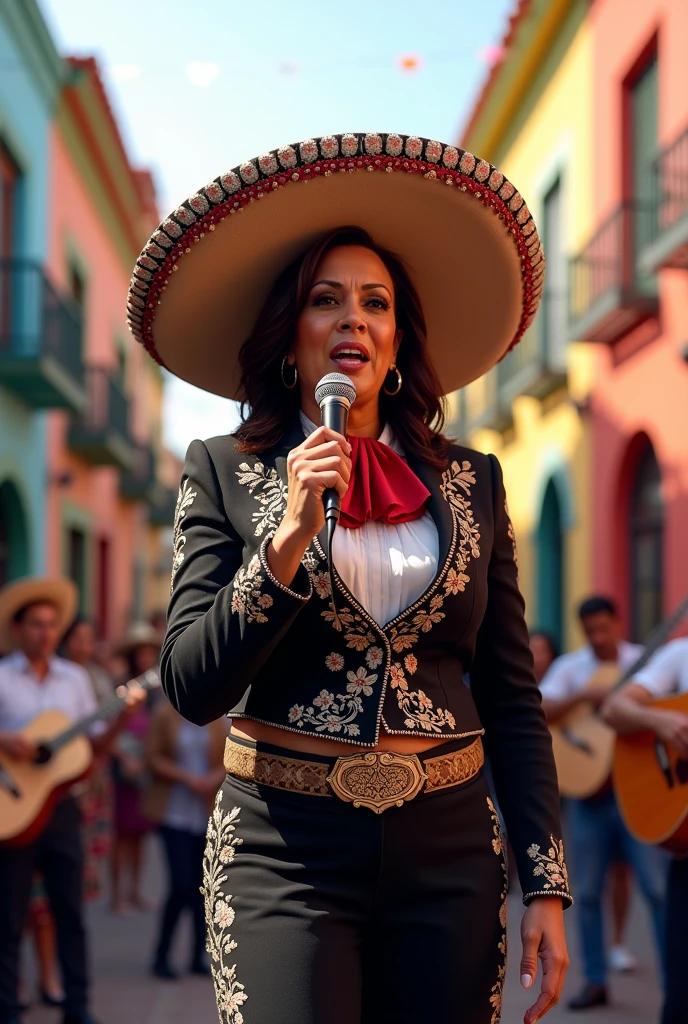 A happy latina female with red lips, and red mambo dress holding a microphone and singing salsa