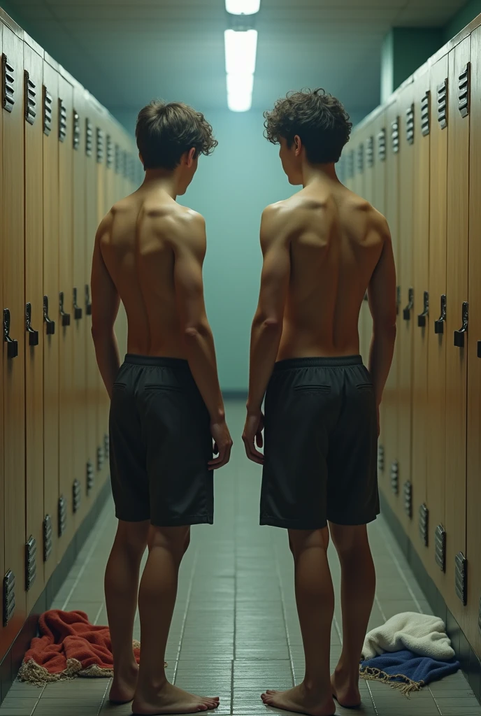 two boys in their 20s peeing in urinals one next to the other. Wearing loincloths, barefeet, circumcised penises