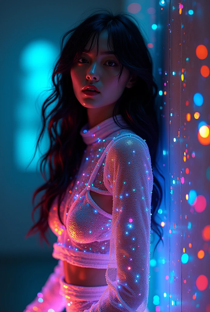 full body beautiful young woman illuminated by colorful lights photorealistic background bright colors Luminous neon pink and blue neon glitter dust background with pink and blue smoke vapor cinematic photorealistic