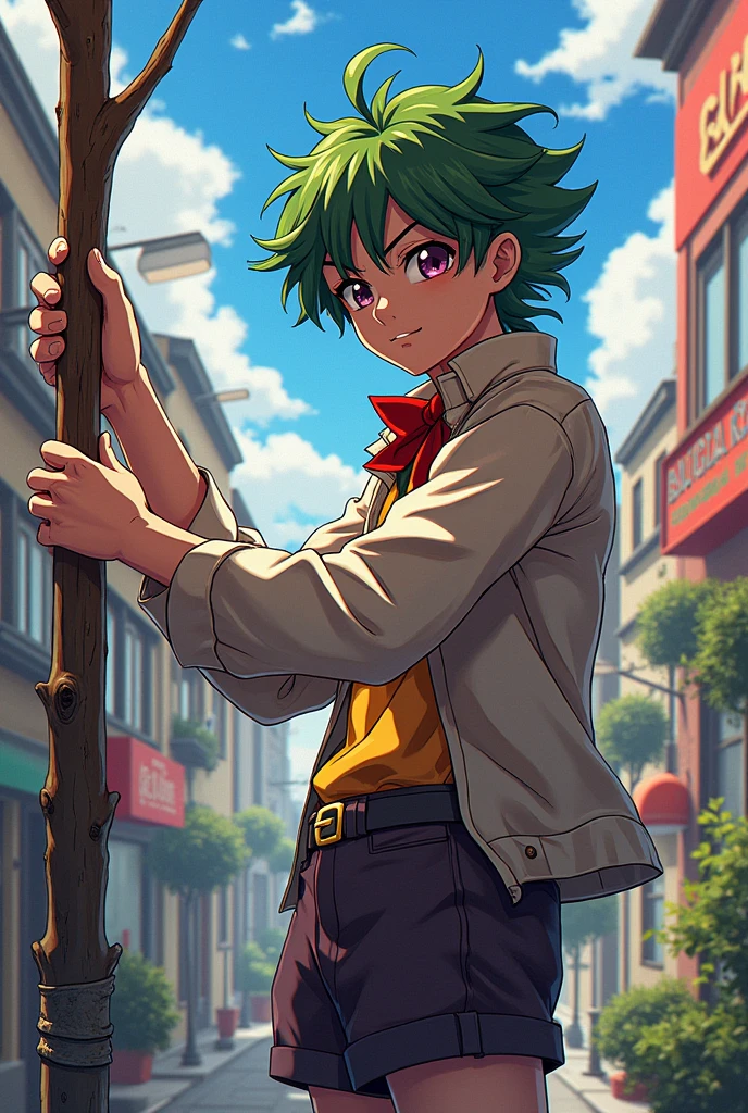 (((8K))), (((wolf))), ((spiky hair)), (((magical boy outfit))), nose bandage, (((limegreen hair))), boy, boy, cute boy, cute, lime green eyes, lime green hoodie, long muzzle, smiling, delinquent, handsome, very detailed, intricate detail, detailed face, cute fang, enthusiastic, energetic, playful, pink nose, black fur, white inner fur, white belly, ((magic boy)), ((madoka anime)), (((Puella Magi Madoka Magica))), (((holding bow))), (((1boy))), from a magical girl team, boyish face, magical boy, Magi-shounen, shorts, (((archery bow))), (((bow weapon))), magical