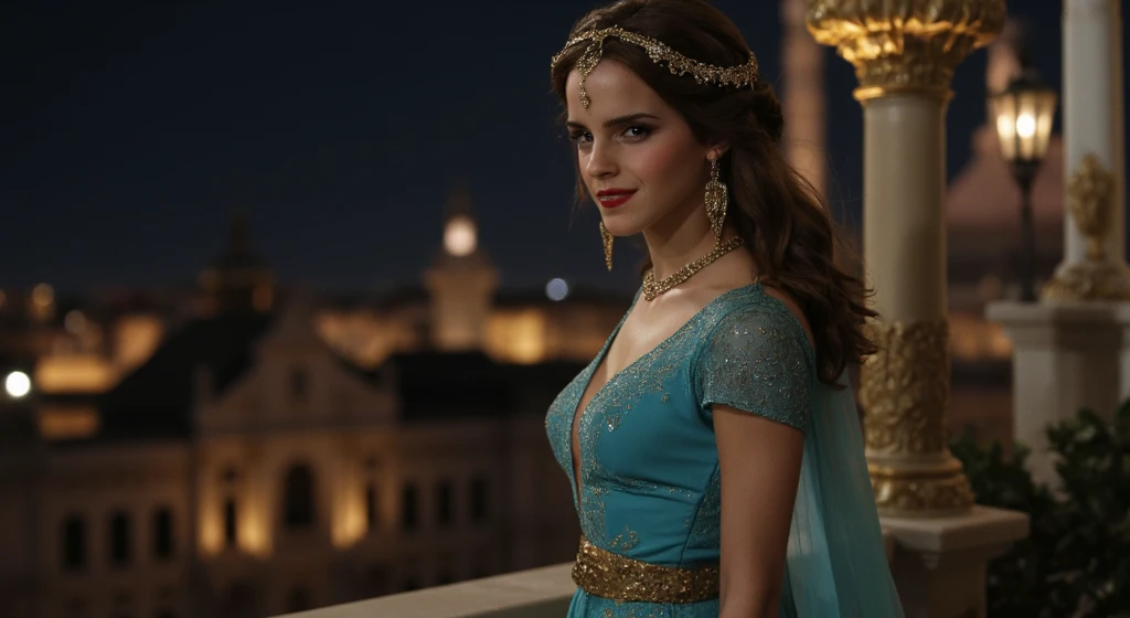 cinematic photo a Emma Watson standing on a balcony at night. The layout is centered, with the subject positioned slightly to the right, allowing a view of a cityscape illuminated by warm, ambient lights in the background. The woman has long, wavy brown hair and fair skin, adorned with intricate gold jewelry, including a headpiece and large earrings. She wears a flowing, teal gown with gold embroidery, which complements the ornate, golden architectural elements around her. The night sky is clear, dotted with stars, adding a serene and magical atmosphere to the scene. The lighting highlights her facial features, creating a soft, elegant look. The overall composition conveys a sense of elegance and mystery, reminiscent of a historical or fantasy setting.