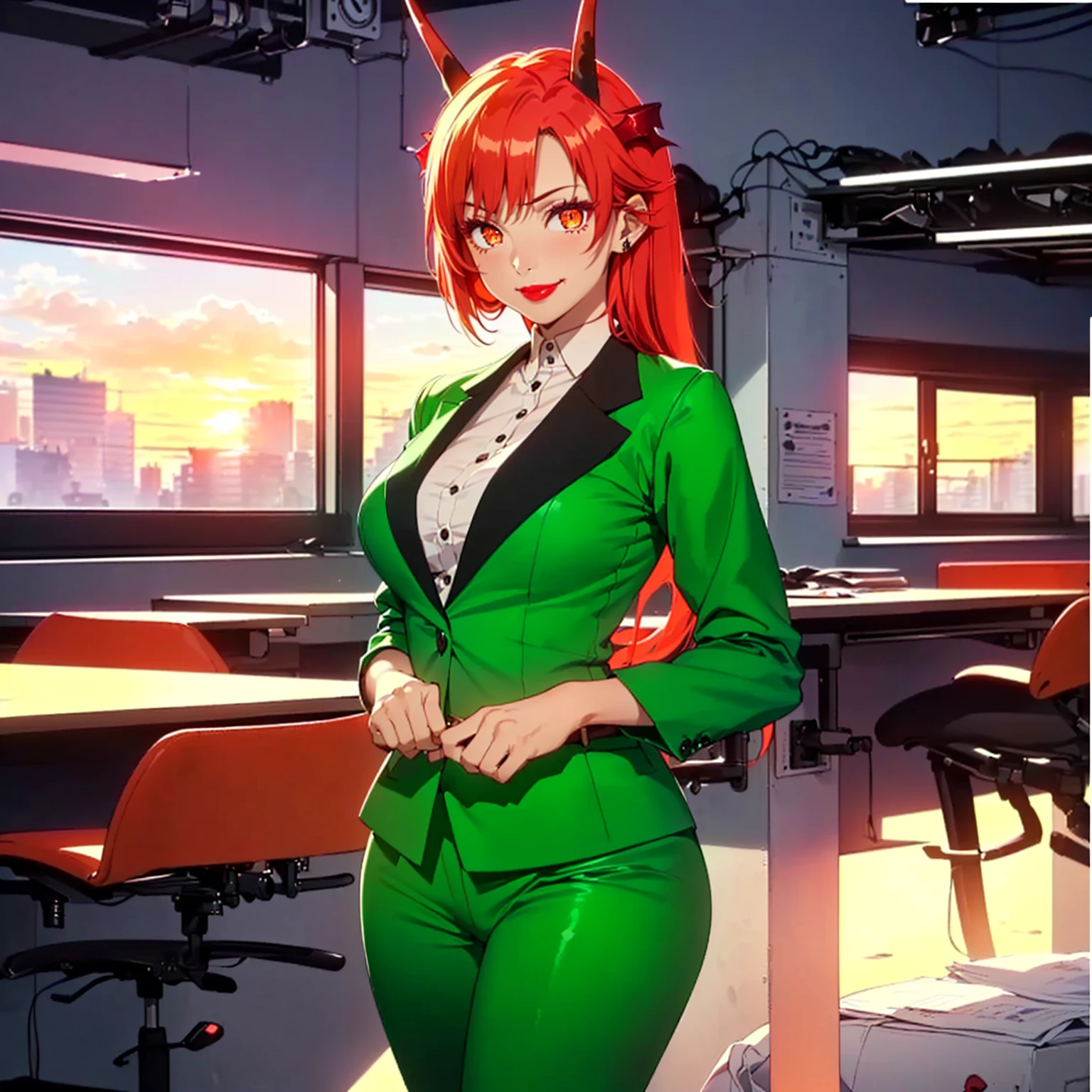 ((1girl, solo ,alone)), ((solo, 1woman, ((tania-fi, dragon horns, beast tamer, orange eyes, long hair, red hair,)), woman, lipstick), Extremely detailed, ambient soft lighting, 4k, perfect eyes, a perfect face, perfect lighting, a 1girl)), ((solo, (1woman, lipstick), Extremely detailed, ambient soft lighting, 4k, perfect eyes, a perfect face, perfect lighting, a 1girl)), ((fitness, muscular, shapely body, athletic body, toned body)), ((green Blazer, shirt dress , suit pants, green pants, black belt, office, executive room, desk, window, city, sunset, clouds, jade, red lipstick, smug smile))