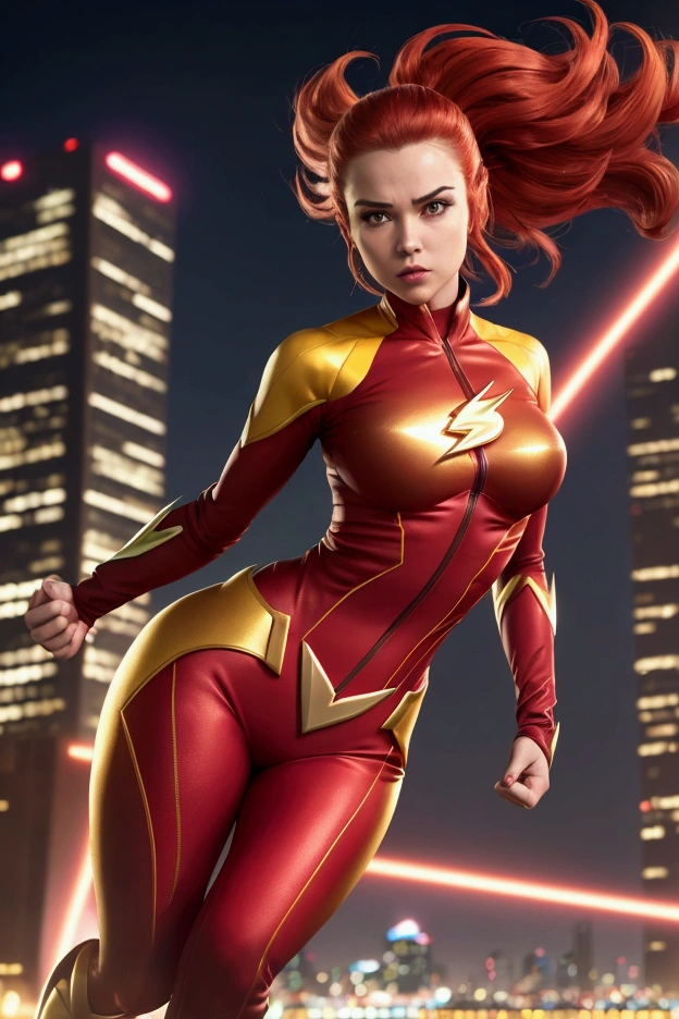 RedSheHulk, yellow eyes, red skin, 
cityscape, night,  
smug,