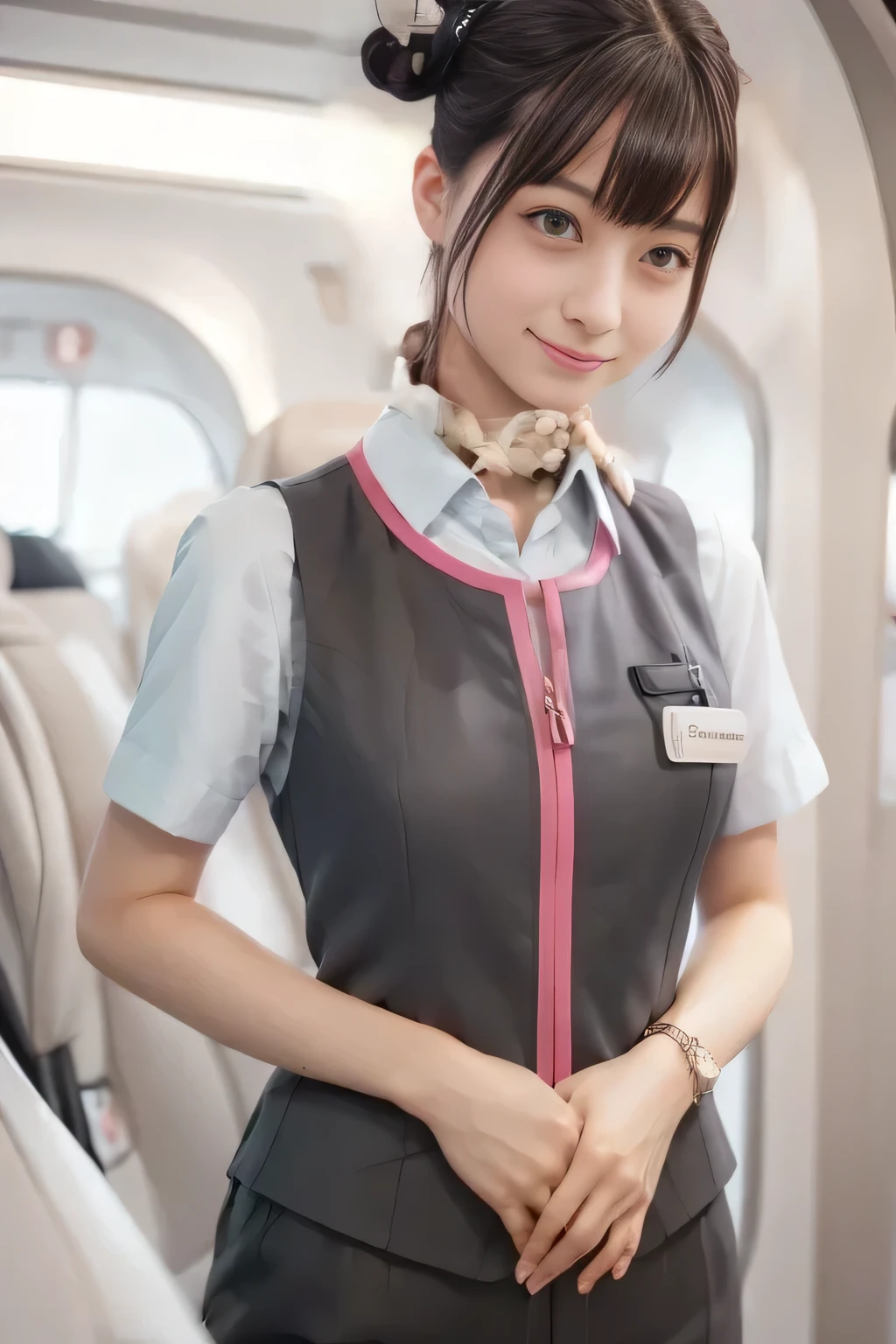 (masterpiece:1.2,  best quality:1.2), 32kHDR,  high definition , (Alone、 1 girl)、（Ride the bullet train 、 professional lighting）、Car interior background、（Realistic style of JR Gran Class crew wearing uniform）、Short sleeve blouse、Scarf around the neck、（ JR Gran Class crew uniform with pink parts on the sleeve of the skirt ）、（ JR Gran Class crew uniform with pink lines on the front zipper of the vest）、  lots of dark brown hair 、（Hair tied up、 bun hair、bread）、  lots of dark brown hair 、Long Hit、Big Breasts、（（：2.0）），（（ Harmonious Body Proportions ：1.5）），（（Normal limbs：2.0）），（（Usually refers to：2.0）），（（ delicate eyes ：2.0）），（（Normal eyes：2.0））)、 a luxurious necklace 、smile、Beautiful position,Place your hands around your stomach