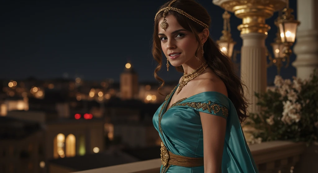 Cinematic photo of Emma Watson standing on a balcony at night. The layout is centered, with the subject positioned slightly to the right, allowing a view of a cityscape illuminated by warm, ambient lights in the background. The woman has long, wavy brown hair and fair skin, adorned with intricate gold jewelry, including a headpiece and large earrings. She wears a flowing, teal gown with gold embroidery, which complements the ornate, golden architectural elements around her. The night sky is clear, dotted with stars, adding a serene and magical atmosphere to the scene. Shot with a Canon EOS 5D Mark IV, 85mm f/1.4 lens, at ISO 800, 1/60 sec shutter speed, and f/2.8 aperture for soft bokeh and clear subject focus. The lighting highlights her facial features, creating a soft, elegant look, while retaining a cinematic depth and clarity. The overall composition conveys a sense of elegance and mystery, reminiscent of a historical or fantasy setting.