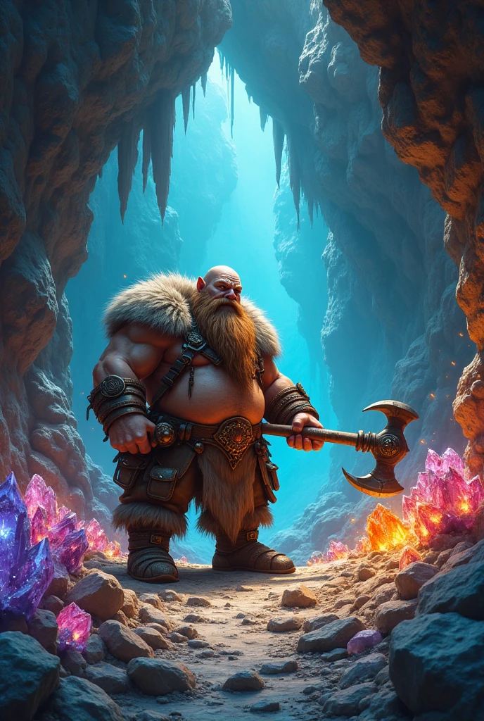 Artstation CGI, Cinematic CGI, A dwarf lights up a stony place with his headlamp. A rugged dwarf discovers a marvelous rough gem from the rocky walls as he trys to dig it out with his trusty pickaxe. His simple digger armor protects him. The gem glows brilliantly in the darkness. Cavern, underground. Some lightly glowing mushrooms dot the cave. a few unwanted gems dot the cave walls. Splendor and wonder. Very gloomy, very dark, large grotto. High Fantasy