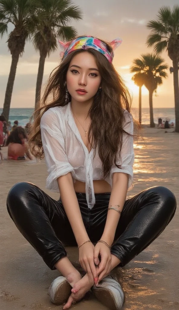  Full body photo of a beautiful gifted pirate woman sitting on your knees.  She wears a short white pirate style blouse , black leather mini pants, tatoos, head bandana, jewells, sunset beach, palm trees, hello, wet legs, wet pirate blouse, playa, Beautiful woman, cinematic. Apply the rule of three thirds.