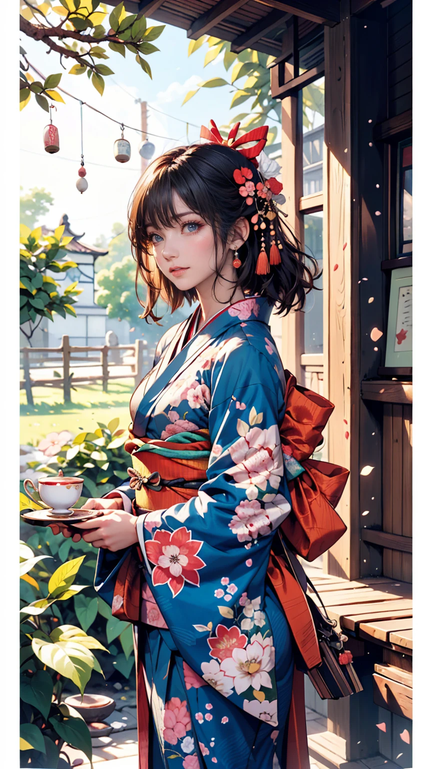 Fairy tale Illustration by Reiko Ikemura, Pixabay,   simple art  , full color Illustration, cute fairy tale Illustration, picture book Illustration, Illustration,  girl picking tea in the style of Hayao Miyazaki, In the fields, kimono, kimono  