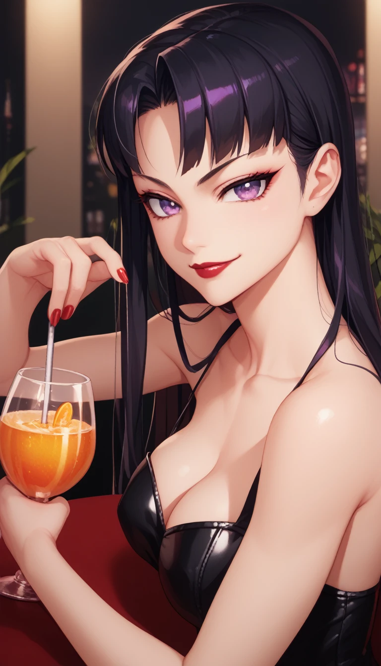 score_9, score_8_up, score_7_up, 1girl, solo, smirk, long hair, black hair, silky hair, violet eyes, beautiful eyes, dark red lipstick, black leather bunny clothe, [big breast], holding a cocktail, disco night club background, vibrant color