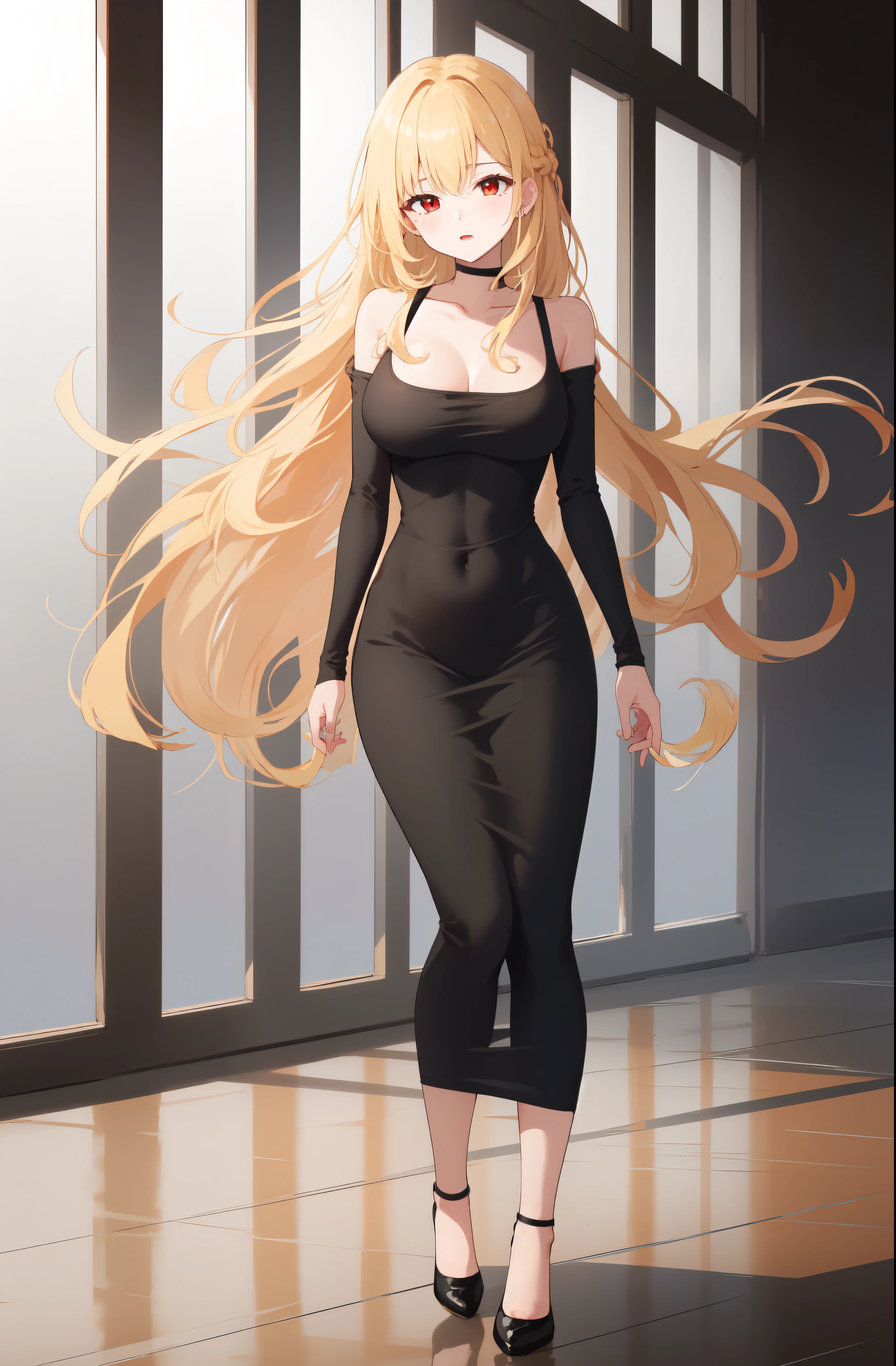 masterpiece, dress, black dress, Black dress, Black Dress, dongtan dress, Dongtan dress, Dongtan Dress, black dongtan dress, Black dongtan dress, Black Dongtan Dress, highres, Super detailed, very detailed, highest quality, best quality, super detailed, standing, high quality, high-definition, extremely detailed, mature female, full body drawing, Full body drawing, straight body, slender body, Slender body, Slender Body, (large breasts), (masterpiece), (best quality), (hyperdetail), (illustration), ((extremely delicate and beautiful)), (detailed light), (prefect's body), hanging hand over head, {{{{{long hair, Long hair, Blonde hair, blonde hair, blonde, Blonde, Red eye, red eye, Red Eye, binyeo, Binyeo}}}}}, sexy, sexy belly line