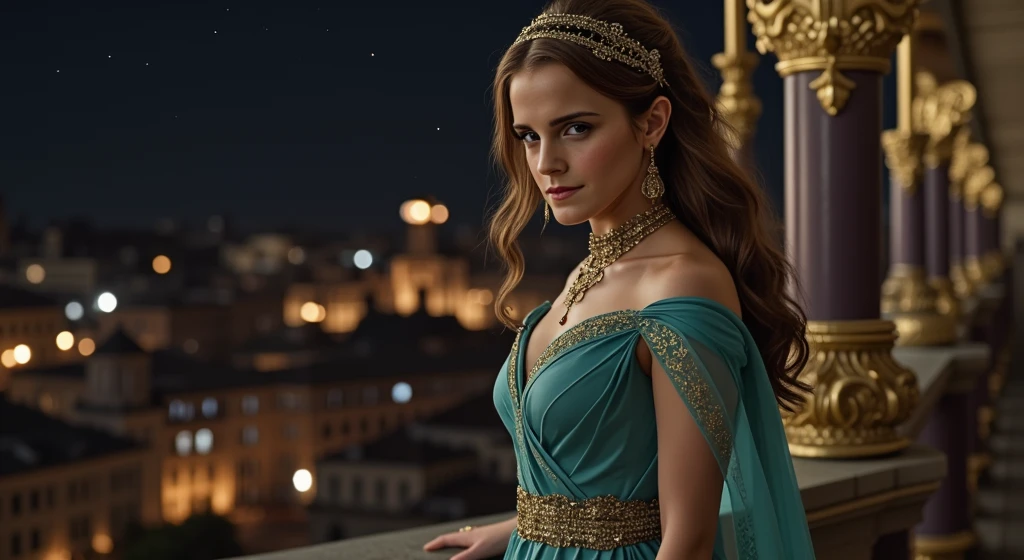 Cinematic photo of Emma Watson standing on a balcony at night. The layout is centered, with the subject positioned slightly to the right, allowing a view of a cityscape illuminated by warm, ambient lights in the background. The woman has long, wavy brown hair and fair skin, adorned with intricate gold jewelry, including a headpiece and large earrings. She wears a flowing, teal gown with gold embroidery, which complements the ornate, golden architectural elements around her. The night sky is clear, dotted with stars, adding a serene and magical atmosphere to the scene. Shot with a Canon EOS 5D Mark IV, 85mm f/1.4 lens, at ISO 800, 1/60 sec shutter speed, and f/2.8 aperture for soft bokeh and clear subject focus. The lighting highlights her facial features, creating a soft, elegant look, while retaining a cinematic depth and clarity. The overall composition conveys a sense of elegance and mystery, reminiscent of a historical or fantasy setting.