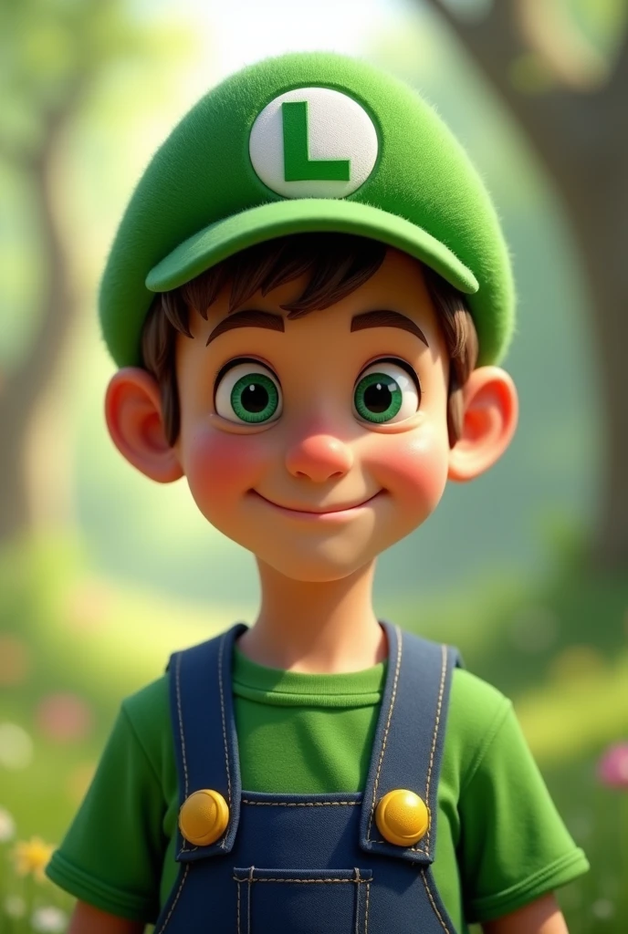 a boy dressed as a luigi character, smiling, ultrarealistic, 8k, best quality, masterprice, natural skin texture, with a mustache, hdr