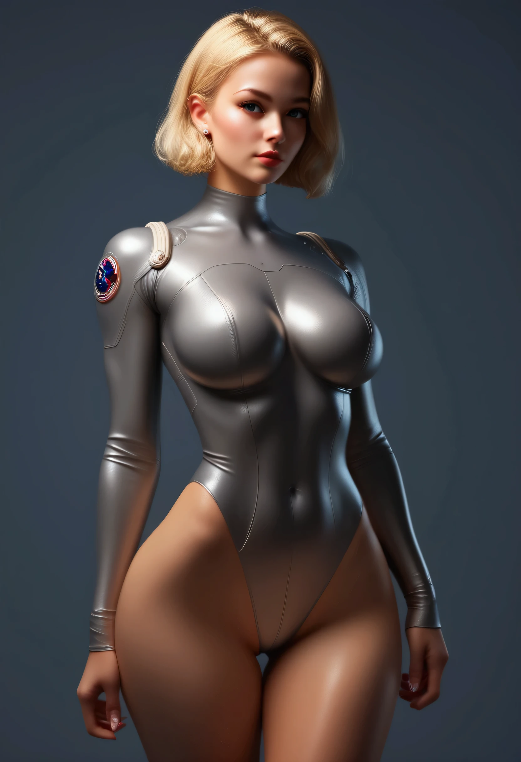 score_9, score_8_up, score_7_up, score_6_up,  1girl,, tight space suit,  futuristic ,  thin waist,  hip gap ,  big boobs,  wide hips , little blonde,  spaceship , bubble butt,