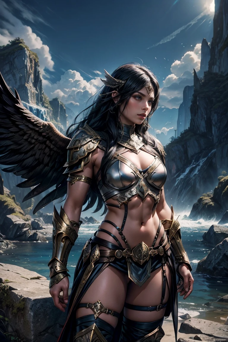 Woman in front, fully body, with sexy armor, white wings, blue clothing, wearing glasses, with your hands on your ass, cloudy mountain