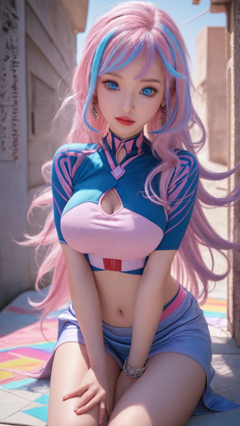 tmasterpiece， Best quality at best， 1girll，Solo， Sakura Haruno， Large breasts，Off-the-shoulder attire，（cleavage)，（upperbody closeup)，Raised sexy，is shy，with pink hair， long whitr hair， （greene eyes:1.3)， Forehead protection， (Lying on a white bed)，barechested,film movie still、1girl in、innocent smile、((A detailed face))、(Detailed skin)、intricate details、Shallow depth of field、[volume fog]、电影灯光、Reflectors、a Canon EOS R5、50mm lens、f / 2.8、NffSW、shot at 8k resolution, (high quality, best rendering), Ultra detailed, 1girll, 25 years, Large breasts, Blush, straight-on, dynamic angle of view, Masterpiece, Best quality, thigh high fishnets, blue curly hair (large breasts:1.4), (full body shot:1.4), (rear view angle), (looking back at camera)