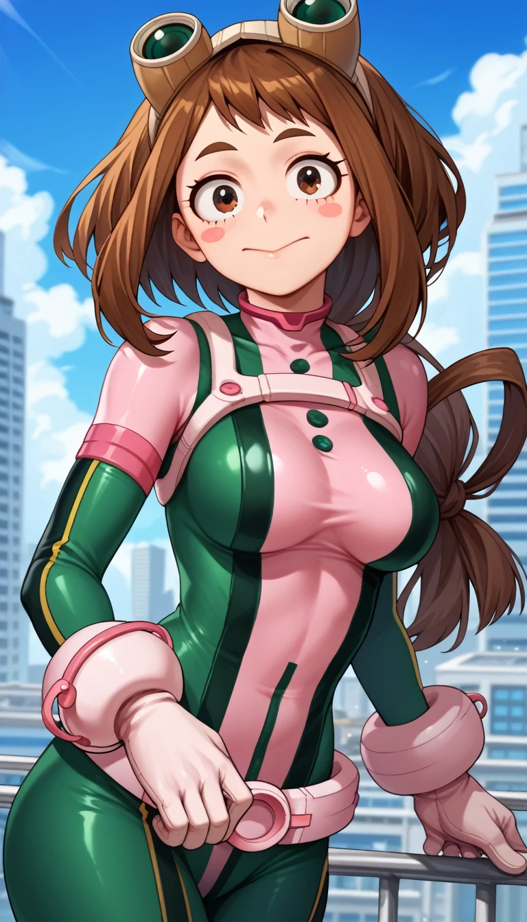 score_9_up, score_8_up, score_7_up,score_6_up, score_5_up, score_4_up , 1girl, solo, ochako uraraka, brown eyes, brown hair, short hair, blush, blush stickers, pink bodysuit, bodysuit, skin tight, superhero, asui tsuyu, black eyes, black hair, bodysuit, boku no hero academia, breasts, frog girl, gloves, goggles, green bodysuit, long hair, sexy, flirting, cowboy shot, city background