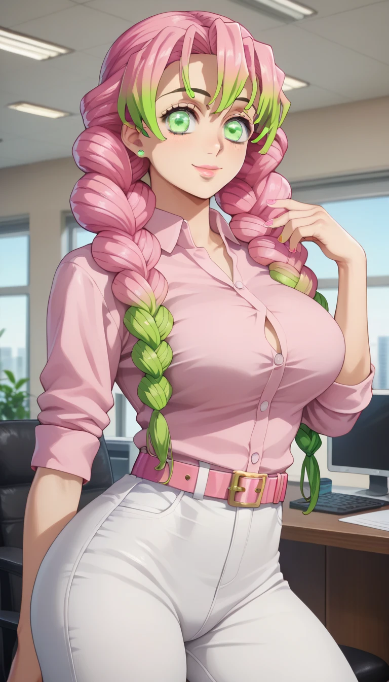 score_9,score_8_up,score_7_up,score_6_up,score_5_up,score_4_up BREAK skinny, big breasts, shiny skin,bokeh,bloom, indoors,light particles, office, 1girl, ((clear eyes)), Mitsuri, (((pink braided hair with green curls))), green eyes, medium lips, pink nails, pink lips, mature female, ((perfect model body)), ((pink polo, white pants, pink belt)), wide hips, model pose, posing, naughty smile