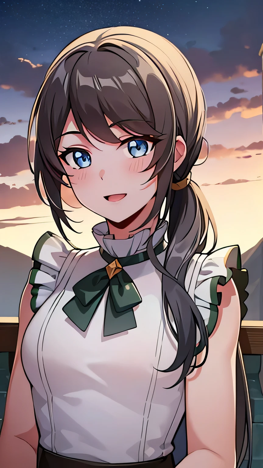 quality, masterpiece, highly detailed, 8k, masterpiece, tilly wimbledon, sleeveless, 1girl, smile, open mouth, blush, detailed face, detailed eyes, medium breast, blue eyes, top of mountain, night, moon, armpit, (long ponytail hair)