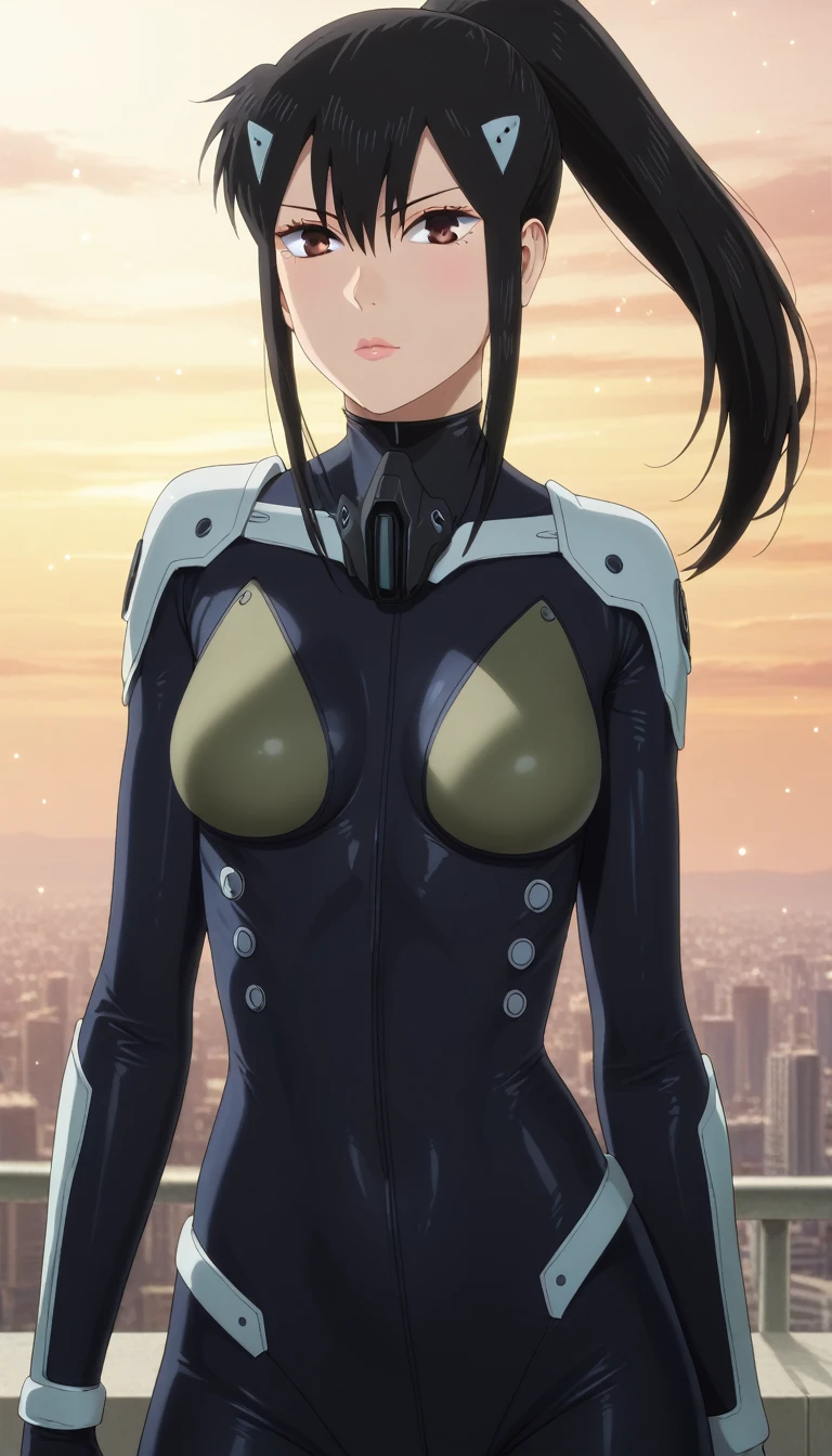 score_9,score_8_up,score_7_up,score_6_up,score_5_up,score_4_up BREAK skinny, medium breasts, shiny skin,bokeh,bloom, outdoors,light particles, skyscraper roof, 1girl, ((clear eyes)), Mina Ashiro, (((black hair, ponytail hair))), brown eyes, medium lips, black nails, pink lips, mature female, ((perfect model body)), ((kaiju battle suit, bodysuit, black bodysuit)), wide hips, lewd look, model pose, posing