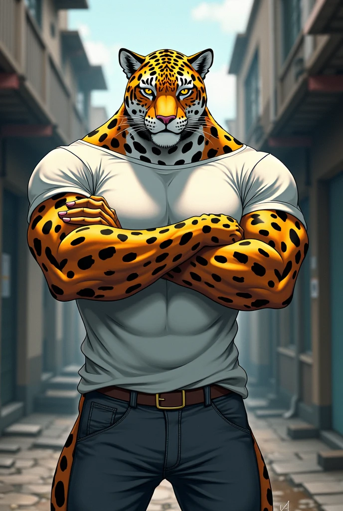 Masterpieceы, fluffy, Male, anthropomorphic, leopard,veiny, athletic body, tender eyes, shiny body, Street Thug, anime, depth of field, perfect lighting, (Best quality),(Masterpiece),(ultra detailed), sharp focus, detailed background, black boxer, shirtless, fierce look, Soldier&#39;s look, whole body, Six pack abs, black nipples,Glossy leather