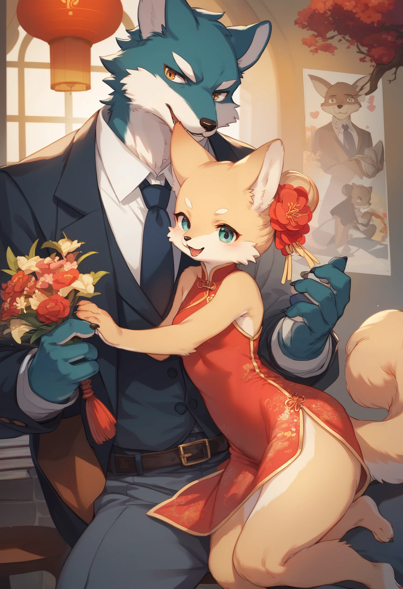 movie poster, movie artwork, concept art of love, romance novel cover, highres, top quality, best quality, perfect artwork, absurdres, perfect anatomy(couple, young 1male detective, 1woman in Chinese dress)(furry, kemono, anthro))with some elements of 007, battle,