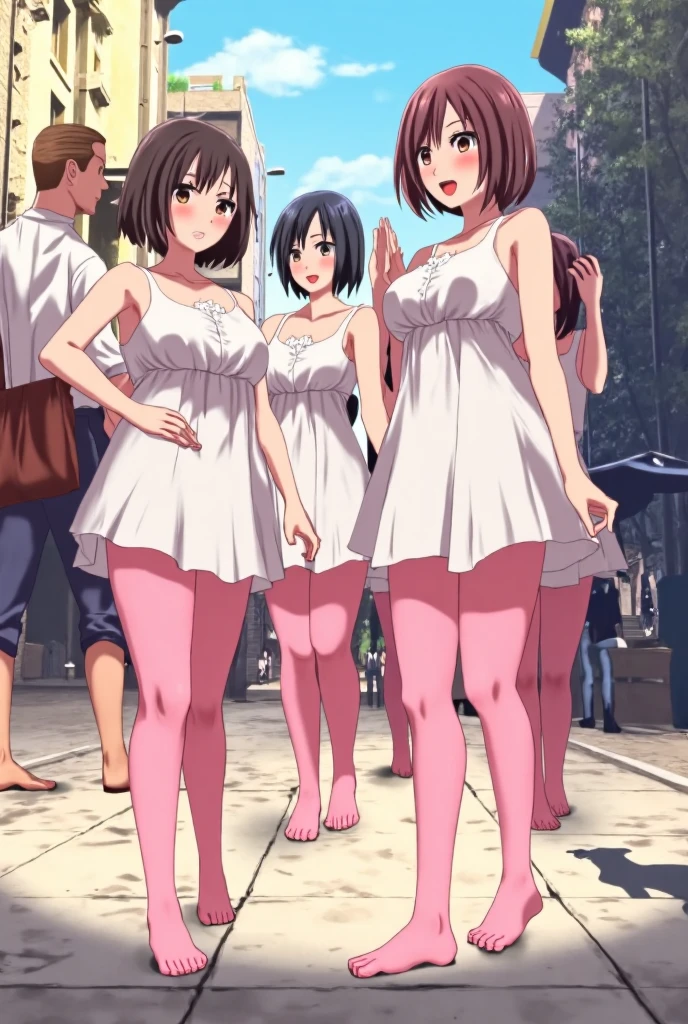 highest quality, Ultra-high resolution, (Realistic: )2D official style cel animation,((Three skinny girls sitting side by side on the stairs in front of the station))Idol Costumes.mini skirt,(Lace panties),Knee-high boots、Full body portrait,(The Idolmaster Shiny Colors),Live Stage、from the front