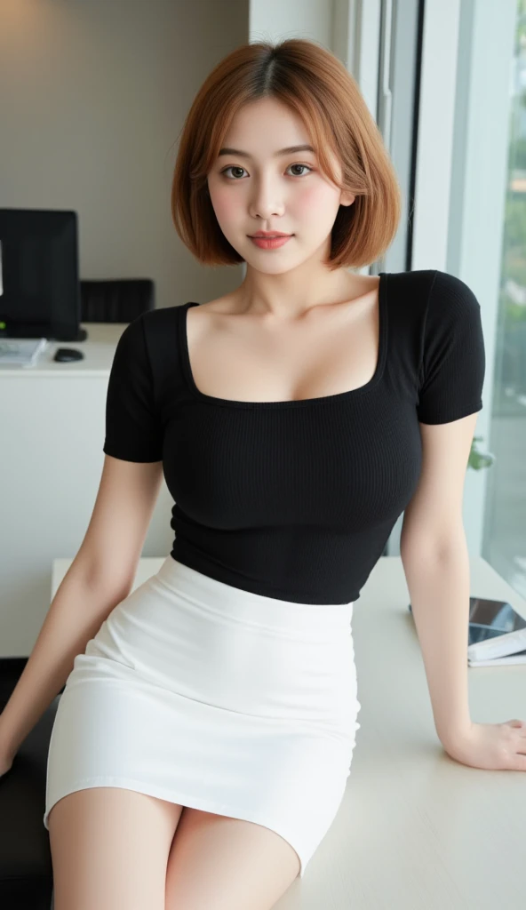 Gorgeous Korean woman is sitting at her desk in a modern and spacious office. Bob curve in hair style, golden color. Innocent, youthful facial features. natural makeup with coral lipstick. a square neck short sleeve, black, designed with a sexy square round neck. The slim-fit design enhances her curves and gives her a confident and stylish appearance. The length of the top is just right, sitting just above the navel to create a flattering and trendy look, showing off a beautiful belly and navel. She is dressed in a sleek, high-waisted white skirt, tulip skirt, micro mini length, revealing her beautiful legs and drawing the eye to her stylish stiletto heels that match the gleaming white of her outfit. Anatomically Correct, Big breasts, Simple background. From Above, POV, 