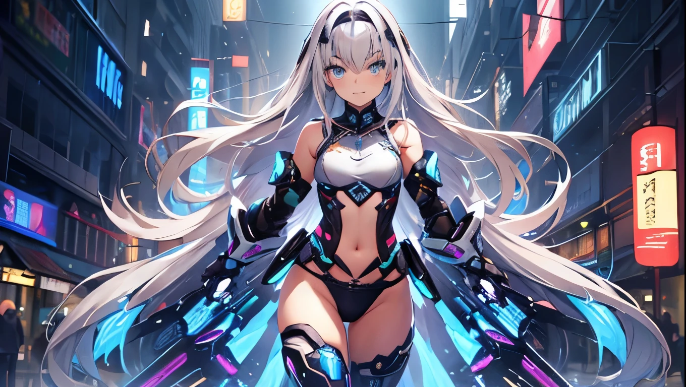( Best quality,4K,8K, High Resolution , masterpiece :1.2), super detailed , girl ,Holy,( silver white hair ), blue eyes ,obsessed, elegant standing position,玩得 happy ,in love, Lovely cloth , Exquisite clothes,pattern,Swimsuit, happy , Sci-fi city , unique ,Small amount of armor , confrontation ,rain, sci-fi combat suit