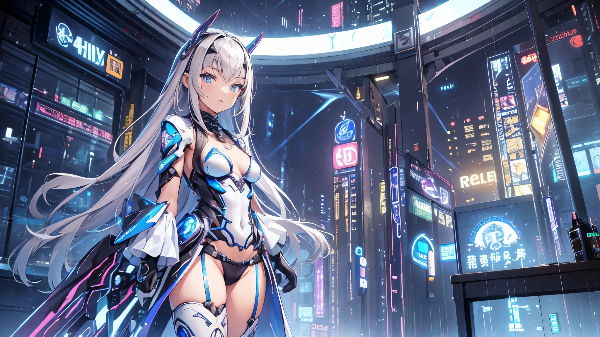 ( Best quality,4K,8K, High Resolution , masterpiece :1.2), super detailed , girl ,Holy,( silver white hair ), blue eyes ,obsessed, elegant standing position,玩得 happy ,in love, Lovely cloth , Exquisite clothes,pattern,Swimsuit, happy , Sci-fi city , unique ,Small amount of armor , confrontation ,rain, sci-fi combat suit
