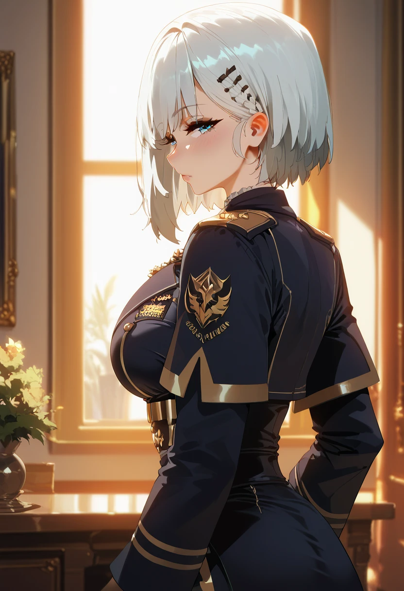  score_9,  score_8_up,  score_7_up,  score_6_up,  score_5_up,  score_4_up,  1 girl, beta,  short hair on the side of the uniform,  white hair,   light blue eyes, ,  Big Breasts ,,,, floox style, evaluation_Explicit, floox style,  high definition ,,,  expressive ,, perfect anatomy, masterpiece, Alone,  big ,  Detail Eyes,   good, nsfw, back looking, back view, 