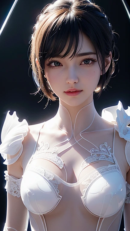 Beautiful Japan young woman, Wearing silver protective suit, Thick symmetry features, Very short hair, Background with cherry blossoms, Pink Halo, Red lips, Octane Rendering,