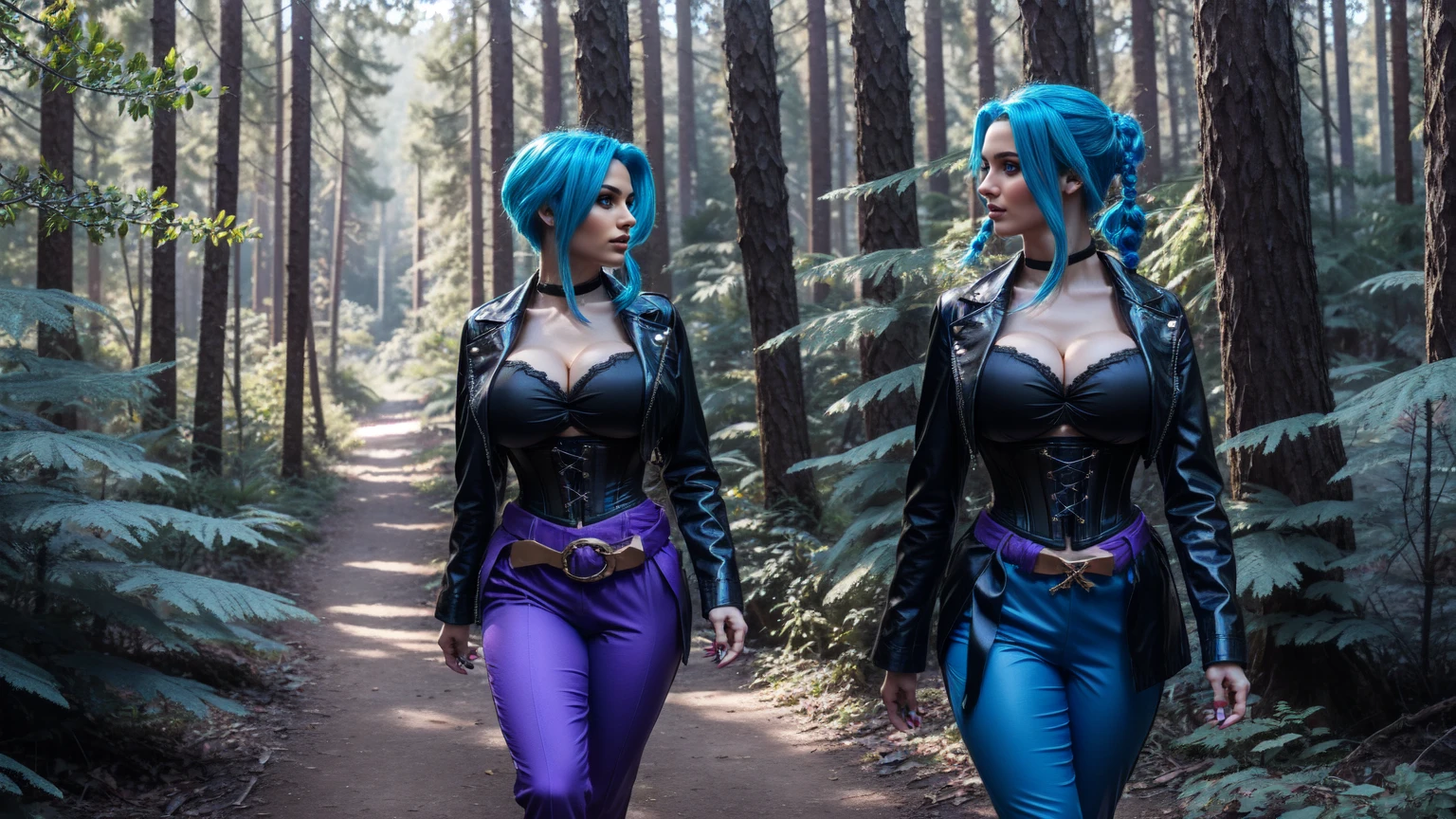 jinx, blue hair, blue leahter corset, black jacket, big breast, purpble tight leahter Trousers, purple belt, ,walk in a Forest