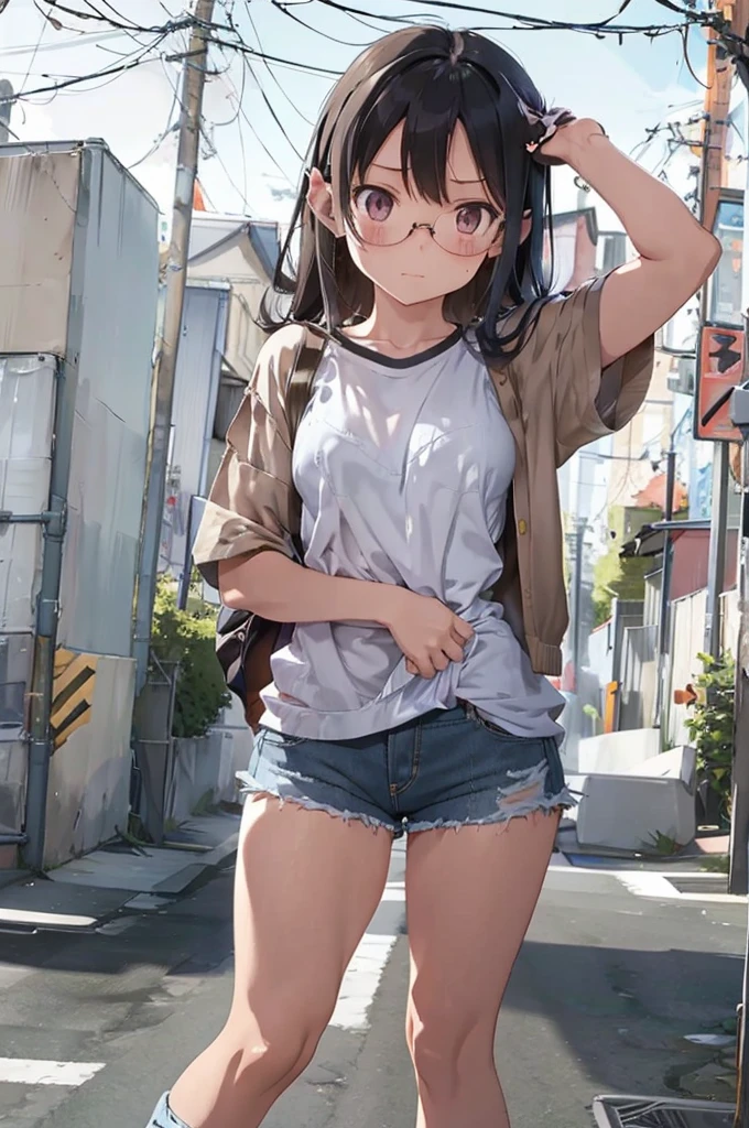 nagatoro :   A cute girl dressed in a t-shirt and short denim shorts,Sensual,     in front of me ,  an erect penis in front of the girl, Girl touching the head of the penis  , Picking it up with your hand 